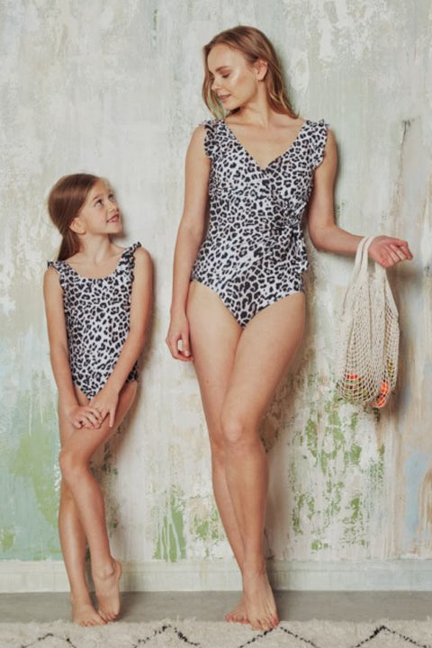 Float On Mommy & Me Ruffle Faux Wrap One-Piece in Leopard