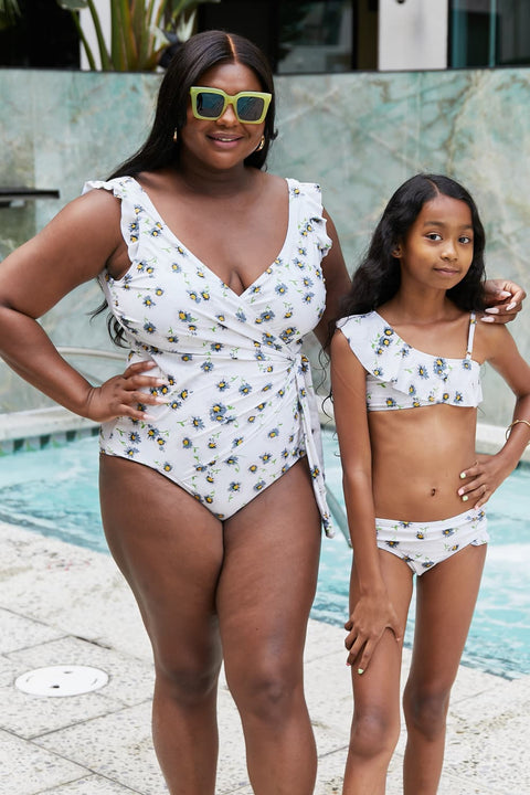 Float On Mommy & Me Ruffle Faux Wrap One-Piece in Daisy Cream