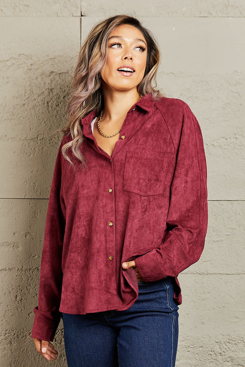 Berry Suede Button Down Shirt