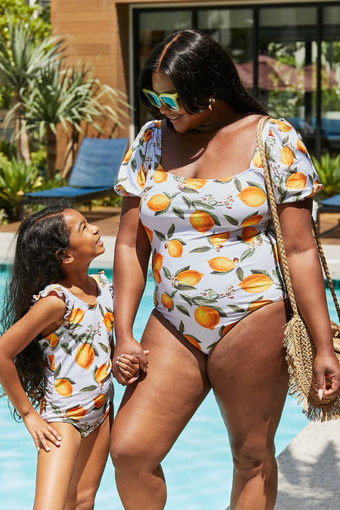 Salty Air Mommy & Me Puff Sleeve One-Piece in Citrus Orange