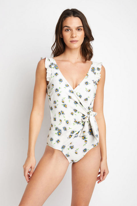 Float On Mommy & Me Ruffle Faux Wrap One-Piece in Daisy Cream