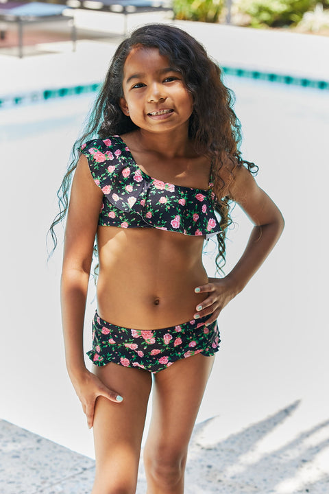 Clear Waters Two-Piece Swim Set in Black Roses Girls