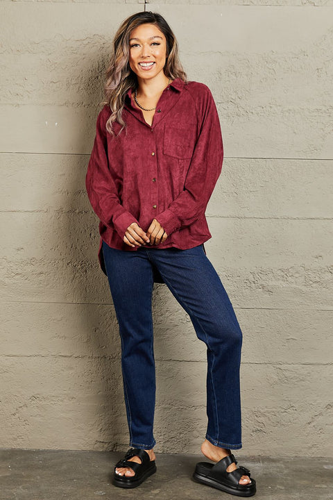 Berry Suede Button Down Shirt