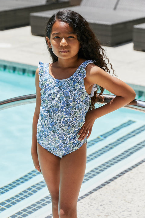 Bring Me Flowers V-Neck One Piece Swimsuit In Thistle Blue Girls